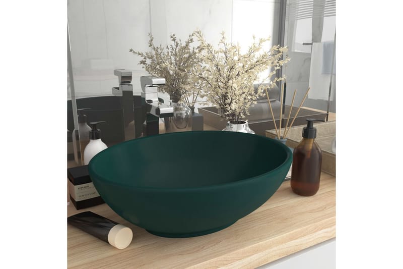 Luksuriøs servant ovalformet matt mørkegrønn 40x33 cm - Enkel vask