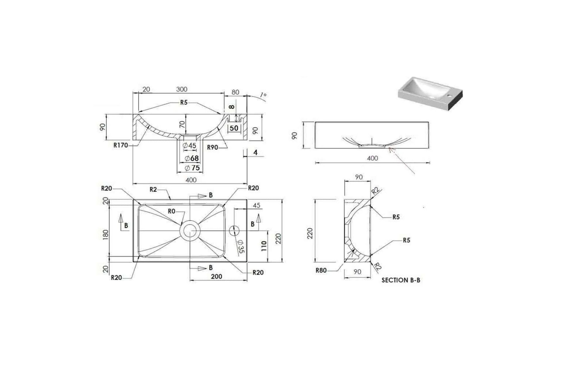 Servant 400x220x90 mm SMC hvit - Hus & oppussing - Kjøkken & bad - Baderom - Servant og håndvask - Enkel vask