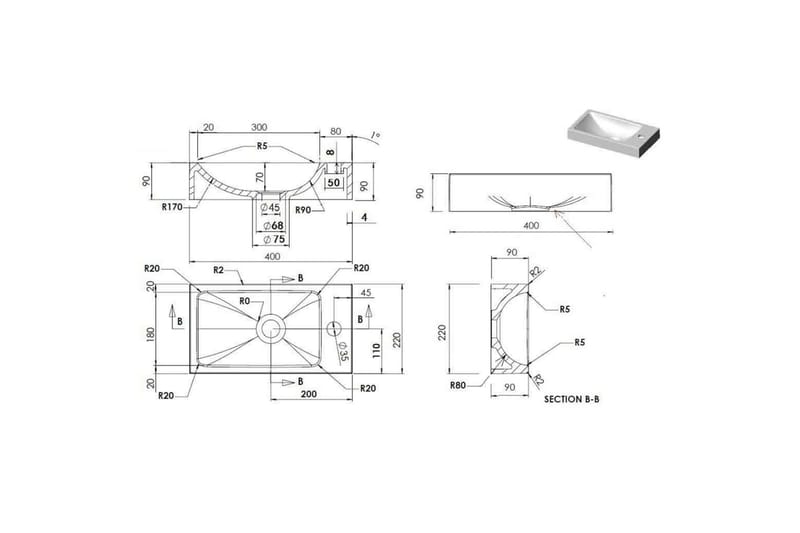 Servant 400x220x90 mm SMC hvit - Hus & oppussing - Kjøkken & bad - Baderom - Servant og håndvask - Enkel vask