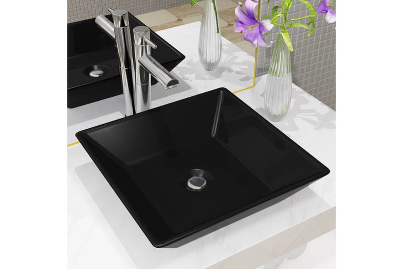 Servant keramisk kvadratisk svart 41,5x41,5x12 cm - Enkel vask