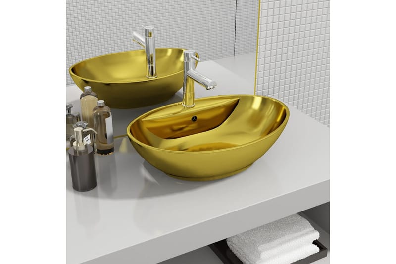 Vask med overløpsfunksjon 58,5x39x21 cm keramikk gull - Enkel vask