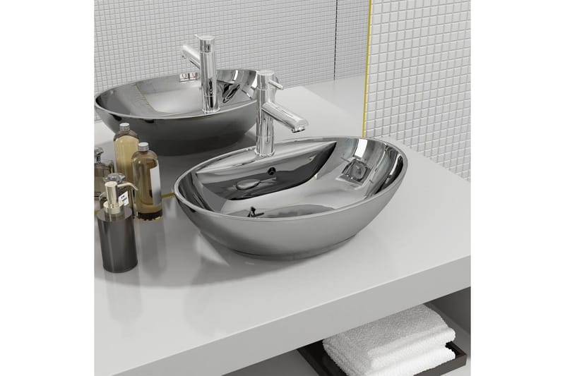 Vask med overløpsfunksjon 58,5x39x21 cm keramikk sølv - Hus & oppussing - Kjøkken & bad - Baderom - Servant og håndvask - Enkel vask