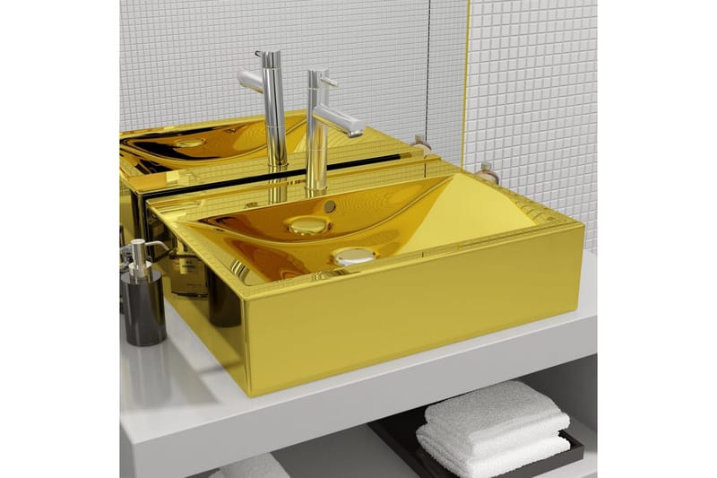 Vask med overløpsfunksjon 60x46x16 cm keramisk gull - Enkel vask