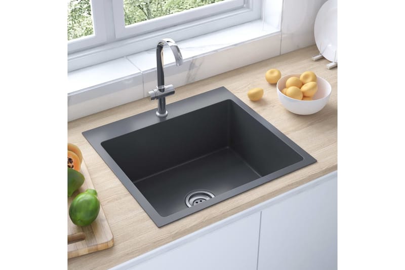 Håndlaget kjøkkenvask med kranhull svart rustfritt stål - Svart - Enkel vask