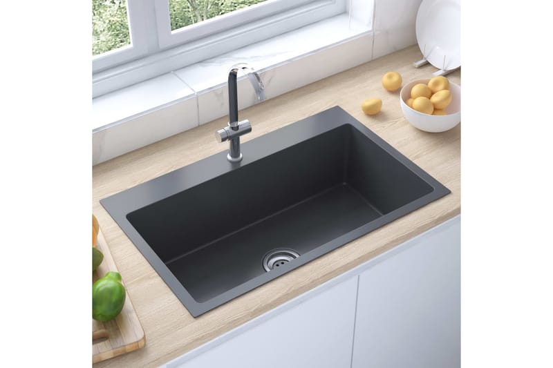 Håndlaget kjøkkenvask med kranhull svart rustfritt stål - Svart - Enkel vask