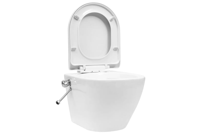 Veggmontert toalett med bidéfunksjon kantløst keramikk hvit - Vegghengt