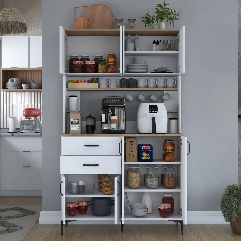 Flerbruksskap Wallxpert Lora-hylle (120 x 204,2 x 45 cm) hvit valnøtt - Hvit og valnøtt - Hus & oppussing - Kjøkken & bad - Kjøkken & vaskerom