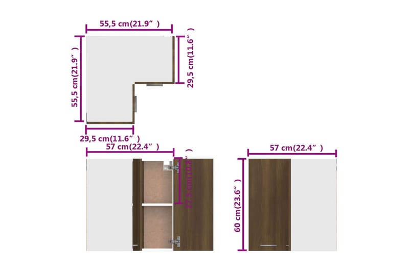 beBasic Vegghengt hjørneskap brun eik 57x57x60 cm konstruert tre - Brun - Kjøkkenskap