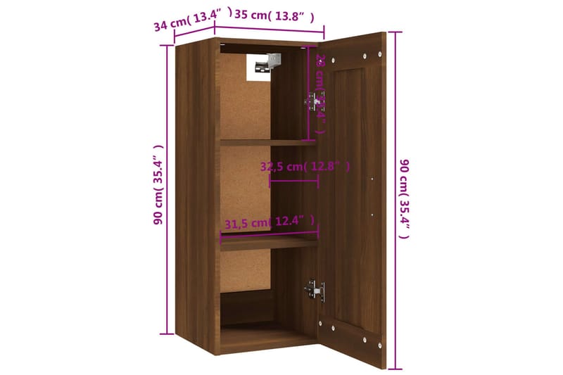 beBasic Vegghengt skap brun eik 35x34x90 cm konstruert tre - Brun - Oppbevaring - Hyller - Hylleplan & hyllekonsoll