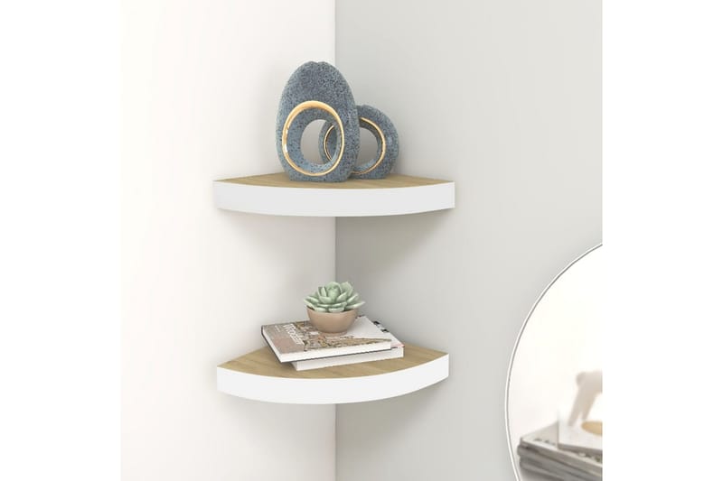 Hjørnehyller vegghengt 2 stk eik og hvit 35x35x3,8 cm MDF - Hvit - Oppbevaring - Hyller - Hjørnehylle