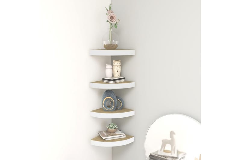 Hjørnehyller vegghengt 4 stk eik og hvit 35x35x3,8 cm MDF - Hvit - Oppbevaring - Hyller - Hjørnehylle