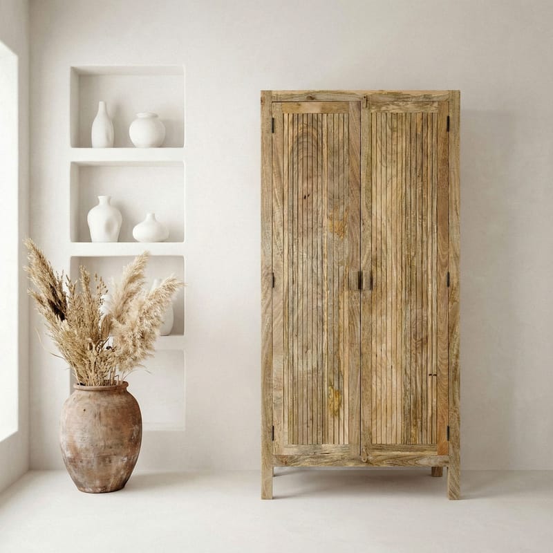 Livira oppbevaringsskap 90x187 cm ribbedesign landlig stil - naturbrun - Hus & oppussing - Kjøkken & bad - Kjøkken & vaskerom