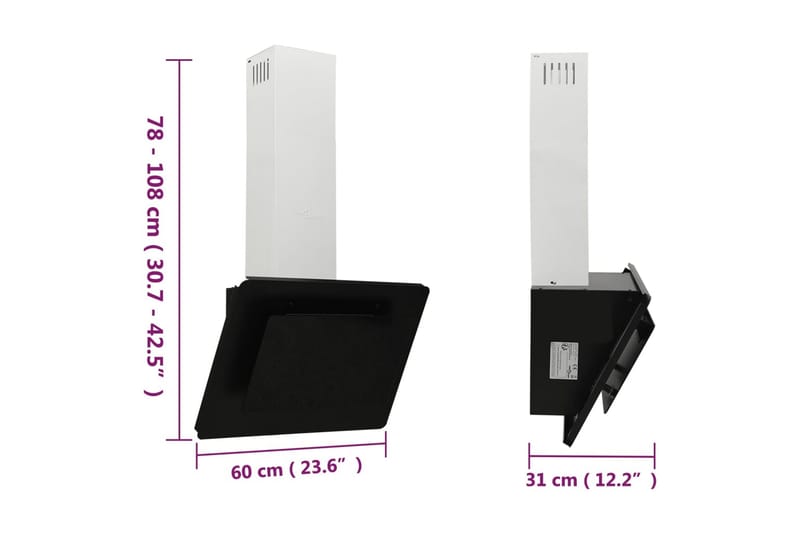 Vegghengt kjøkkenvifte 60 cm rustfritt stål og herdet glass - Svart - Veggmontert ventilator