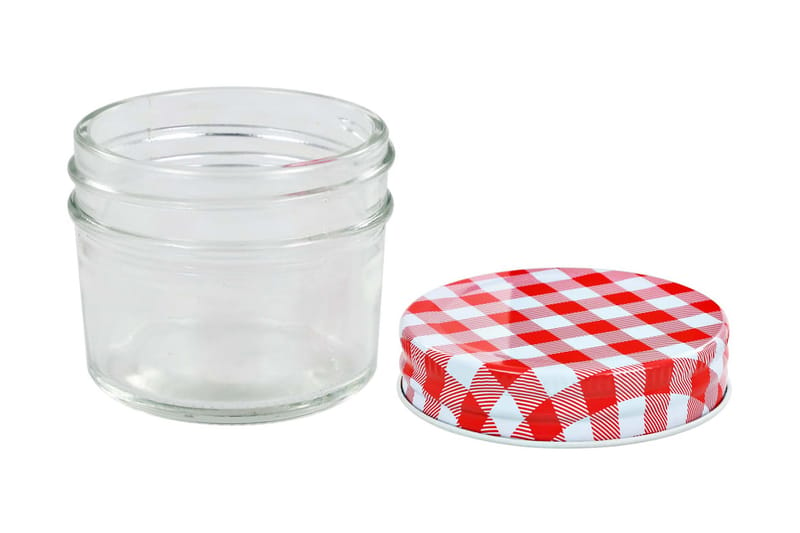 Syltetøyglass med hvite og røde lokk 24 stk 110 ml - Oppbevaringskrukke - Oppbevaring til småting - Bokser & syltetøyglass