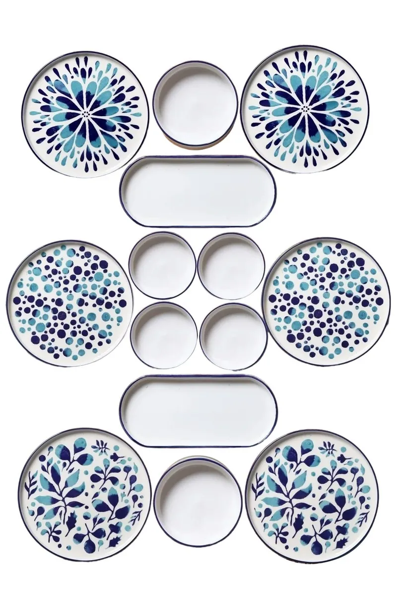 Frokostsett (14 deler) Opviq Cleo Shelf (32 x 29 x 30 cm) Blå Hvit, blå og hvit