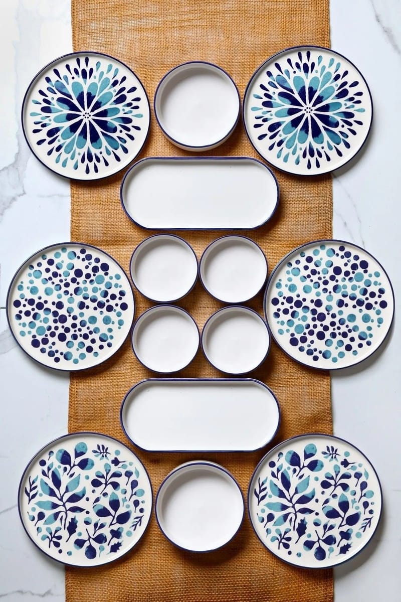 Frokostsett (14 deler) Opviq Cleo Shelf (32 x 29 x 30 cm) Blå Hvit - blå og hvit - Husholdning - Servering & borddekking - Brikker & tallerkener