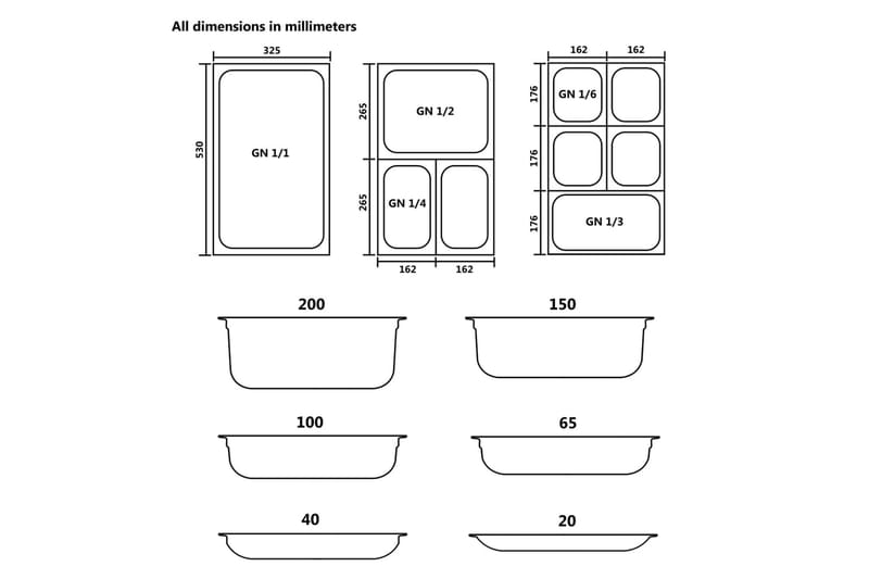 Gastronormbeholdere 4 stk GN 1/1 20 mm rustfritt stål - Serveringsbrett - Serveringsutstyr - Brikker & tallerkener