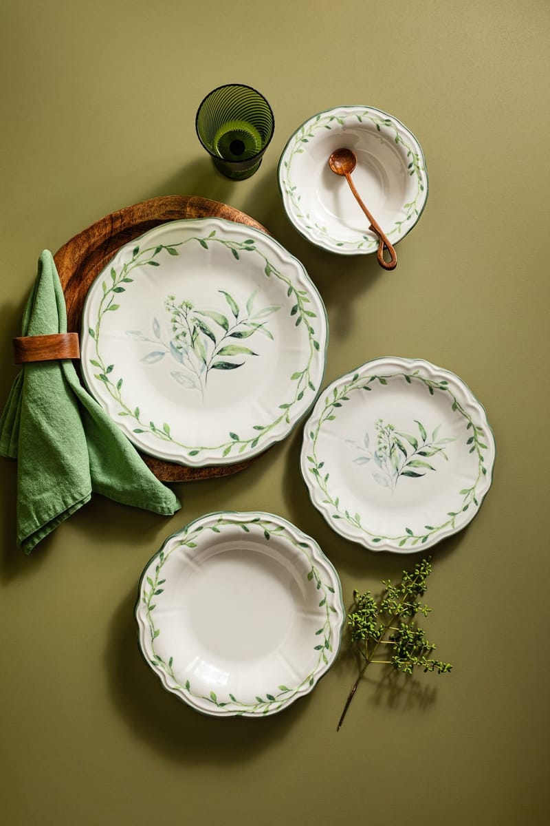 Middagsservise (24 deler) Opviq Olivessa Fulya 24 (32 x 36 x 41 cm) Hvit Grønn - Hvit og grønn - Husholdning - Servering & borddekking - Porselen