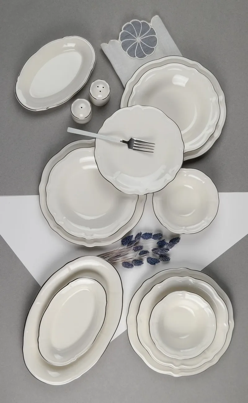 Middagsservise (53 deler) Opviq Platin Yaldiz Fulya 53 (53 x 33 x 36 cm) Hvit sølv - Hvitt og sølv - Husholdning - Servering & borddekking - Porselen