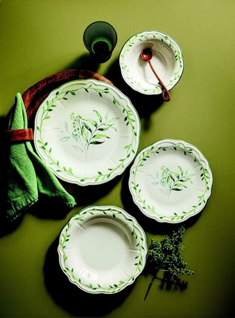 Middagsservise (24 deler) Opviq Olivessa (32 x 36 x 40 cm) Hvit Grønn - Hvit og grønn - Husholdning - Servering & borddekking - Tallerkener