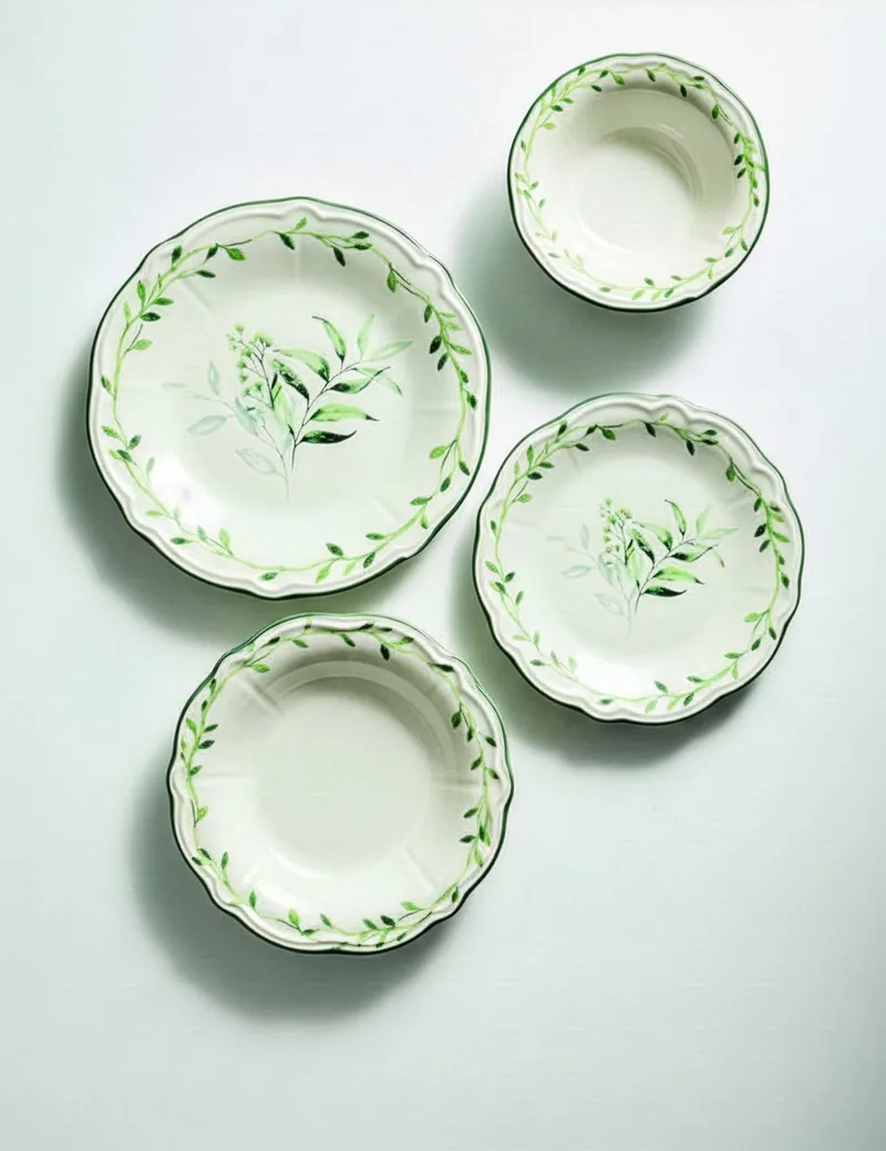 Middagsservise (24 deler) Opviq Olivessa (32 x 36 x 40 cm) Hvit Grønn - Hvit og grønn - Husholdning - Servering & borddekking - Tallerkener