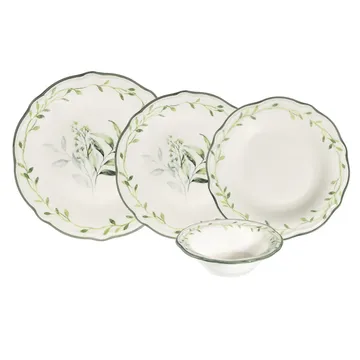 Middagsservise (24 deler) Opviq Olivessa (32 x 36 x 40 cm) Hvit Grønn - Hvit og grønn - Husholdning - Servering & borddekking - Tallerkener