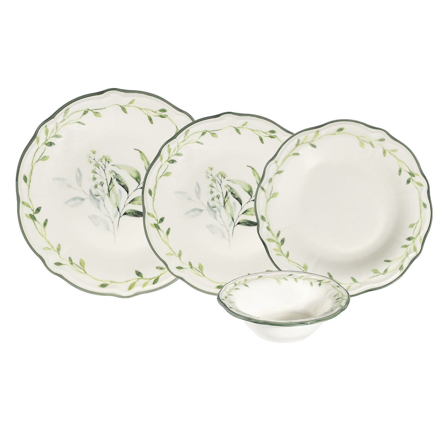 Middagsservise (24 deler) Opviq Olivessa (32 x 36 x 40 cm) Hvit Gr&oslash;nn - Hvit og gr&oslash;nn