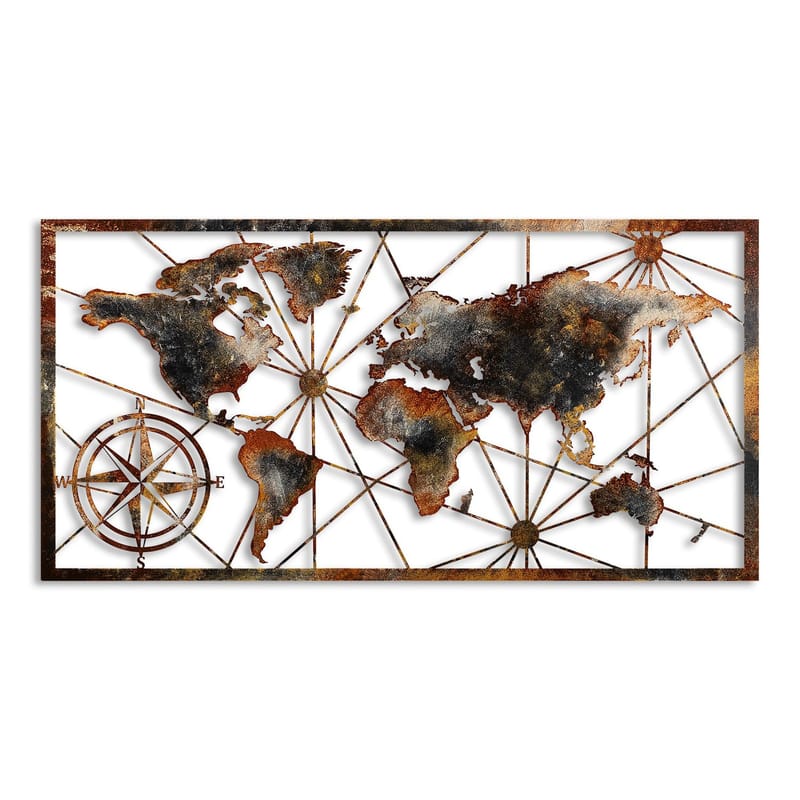 Dekorativt metallveggtilbehør Wallxpert Verdenskart-ramme (120 x 60 cm) Brun, undefined