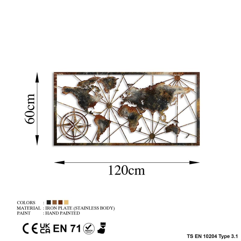 Dekorativt metallveggtilbehør Wallxpert Verdenskart-ramme (120 x 60 cm) Brun - Innredning - Bilder & kunst - Posters