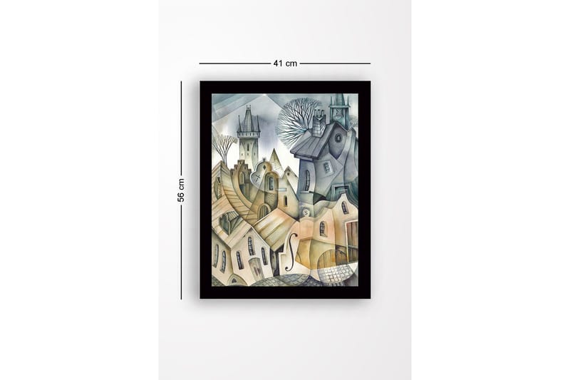 Innrammet lerret i tre - 41x56 cm - Abstrakt bybilde med bølgende hus og tårn - Grå / Beige / Lys blå - Innredning - Bilder & kunst