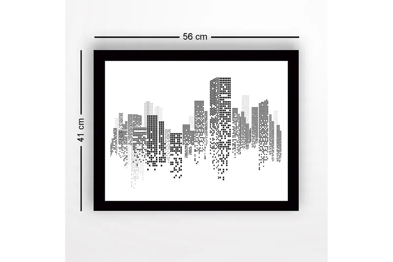 Innrammet lerret i tre - 41x56 cm - Abstrakt bybilde med pikselerte bygninger - Svart / Hvit / Grå - Innredning - Bilder & kunst