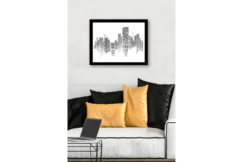 Innrammet lerret i tre - 41x56 cm - Abstrakt bybilde med pikselerte bygninger - Svart / Hvit / Grå - Innredning - Bilder & kunst