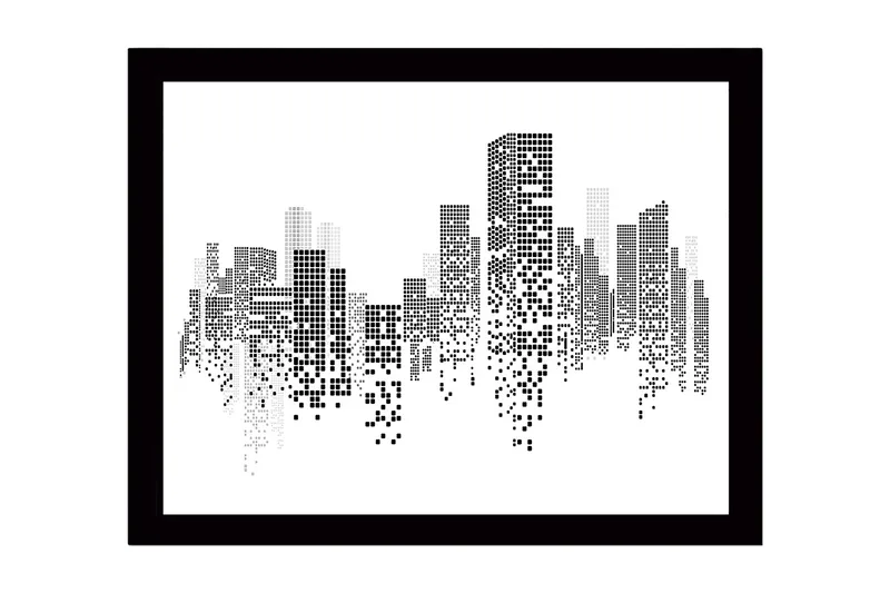 Innrammet lerret i tre - 41x56 cm - Abstrakt bybilde med pikselerte bygninger - Svart / Hvit / Grå - Innredning - Bilder & kunst