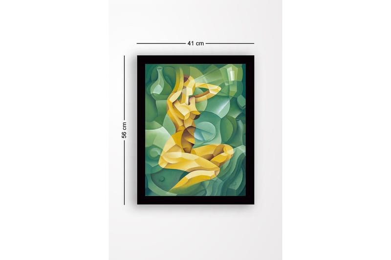 Innrammet lerret i tre - 41x56 cm - Abstrakt figur av en kvinne i en kurvet komposisjon - Grønn / Gul / Lys grønn - Innredning - Bilder & kunst