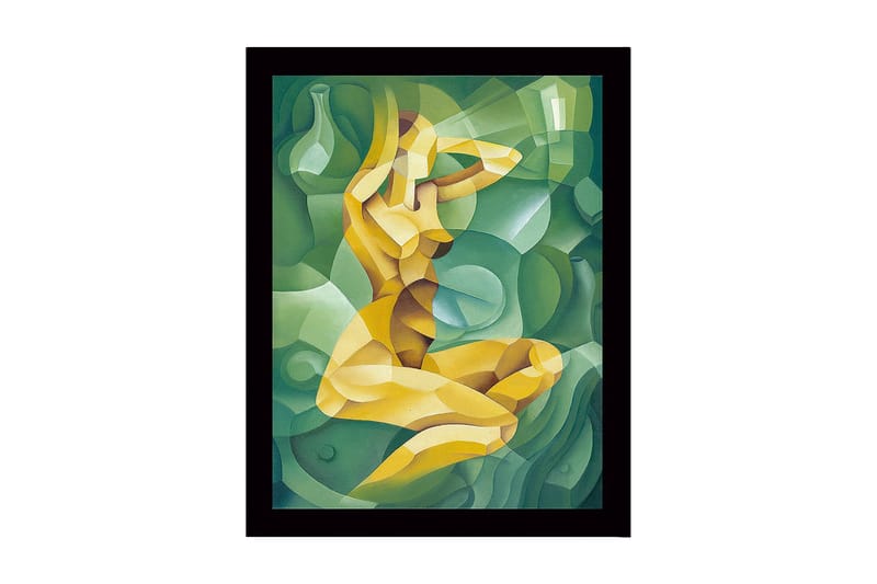 Innrammet lerret i tre - 41x56 cm - Abstrakt figur av en kvinne i en kurvet komposisjon, Grønn / Gul / Lys grønn
