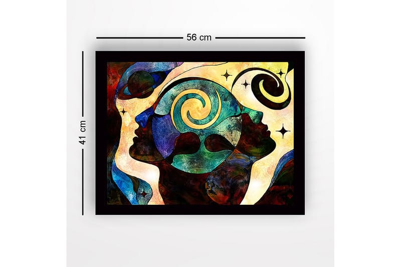 Innrammet lerret i tre - 41x56 cm - Abstrakt komposisjon av ansikter med spiraler og stjerner - Mørk blå / Turkis / Rød - Innredning - Bilder & kunst