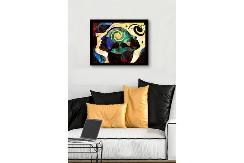 Innrammet lerret i tre - 41x56 cm - Abstrakt komposisjon av ansikter med spiraler og stjerner - Mørk blå / Turkis / Rød - Innredning - Bilder & kunst