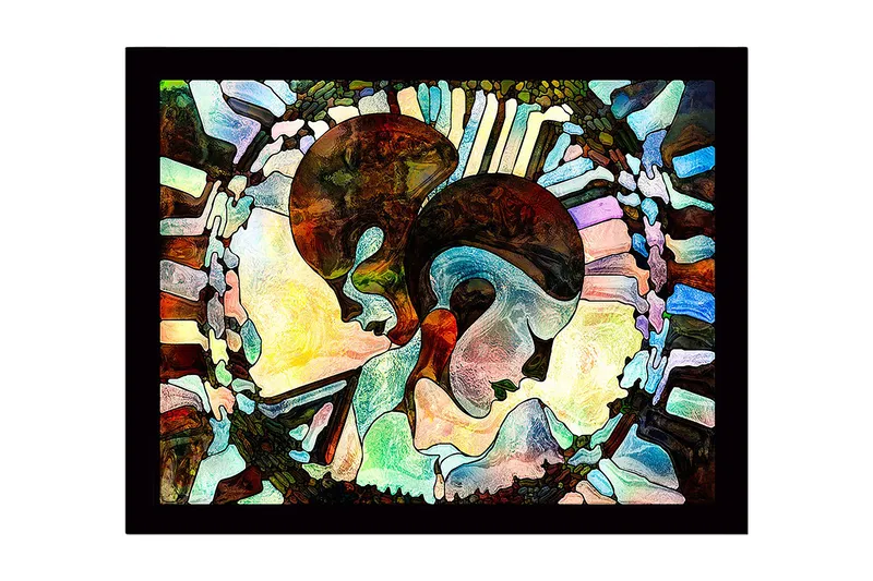 Innrammet lerret i tre - 41x56 cm - Abstrakt komposisjon av to ansikter som møtes, Mørk brun / Lys blå / Beige