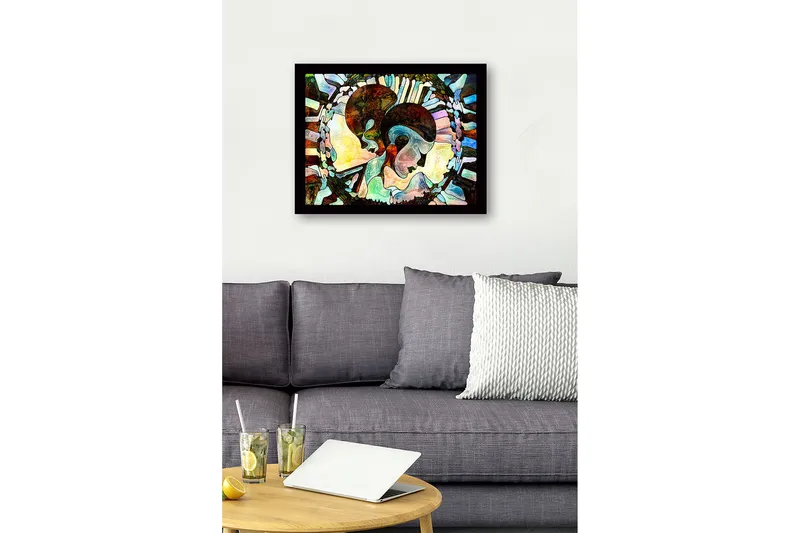 Innrammet lerret i tre - 41x56 cm - Abstrakt komposisjon av to ansikter som møtes - Mørk brun / Lys blå / Beige - Innredning - Bilder & kunst