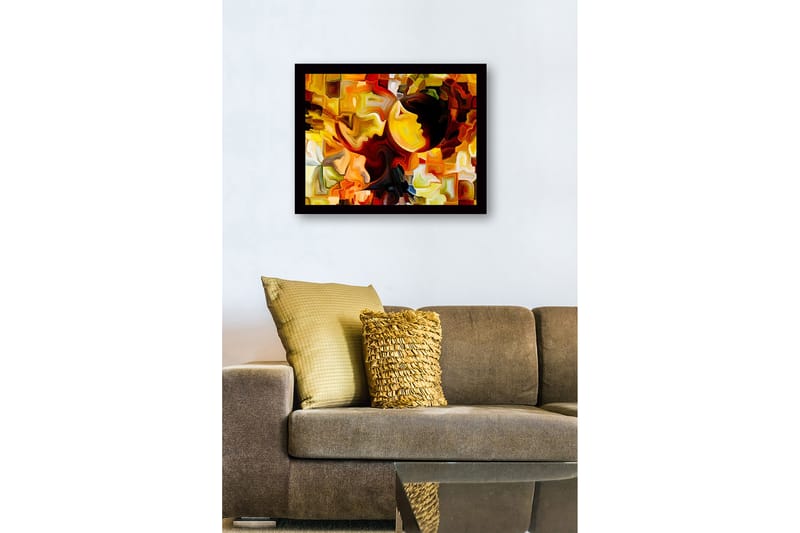 Innrammet lerret i tre - 41x56 cm - Abstrakt komposisjon med ansikter i kontrastfarger - Gull / Oransje / Mørk brun - Innredning - Bilder & kunst