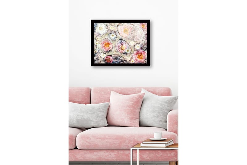 Innrammet lerret i tre - 41x56 cm - Abstrakt komposisjon med blomster i myke farger - Rosa / Hvit / Grå - Innredning - Bilder & kunst