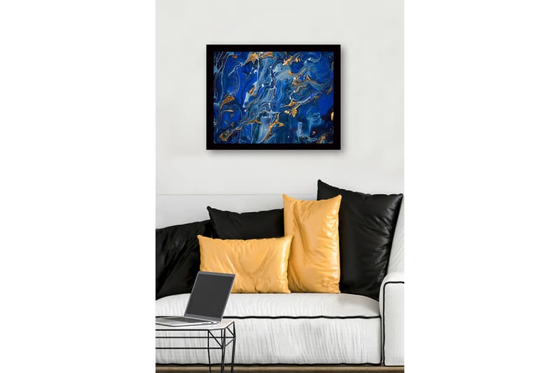 Innrammet lerret i tre - 41x56 cm - Abstrakt komposisjon med dype blå nyanser og gulldetaljer - Mørk blå / Lys blå / Gull - Innredning - Bilder & kunst