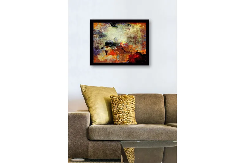 Innrammet lerret i tre - 41x56 cm - Abstrakt komposisjon med fargede former og teksturer - Rød / Oransje / Blå - Innredning - Bilder & kunst