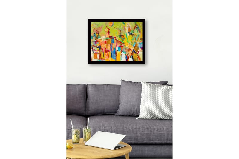 Innrammet lerret i tre - 41x56 cm - Abstrakt komposisjon med fargerike geometriske former - Gul / Oransje / Blå - Innredning - Bilder & kunst