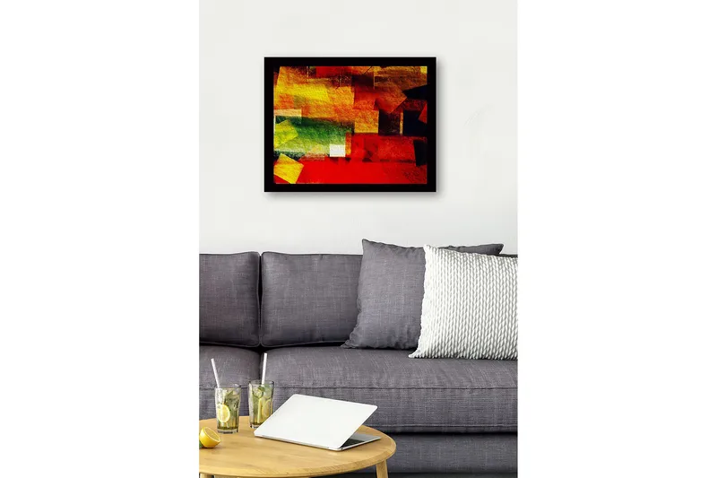 Innrammet lerret i tre - 41x56 cm - Abstrakt komposisjon med fargerike geometriske former - Rød / Gul / Grønn - Innredning - Bilder & kunst