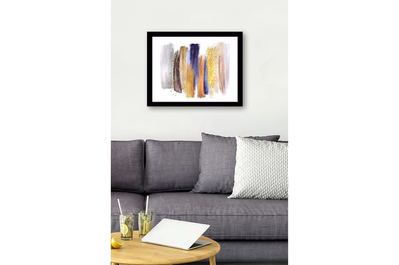 Innrammet lerret i tre - 41x56 cm - Abstrakt komposisjon med fargerike penselstrøk - Gull / Blå / Grå - Innredning - Bilder & kunst
