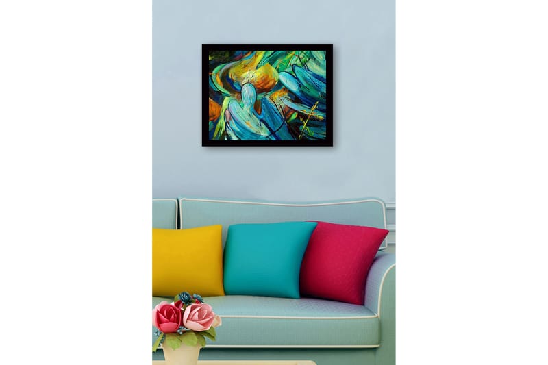 Innrammet lerret i tre - 41x56 cm - Abstrakt komposisjon med flytende former og farger - Turkis / Oransje / Grønn - Innredning - Bilder & kunst