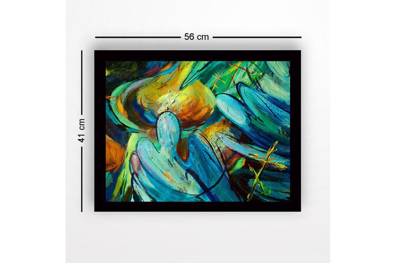 Innrammet lerret i tre - 41x56 cm - Abstrakt komposisjon med flytende former og farger - Turkis / Oransje / Grønn - Innredning - Bilder & kunst