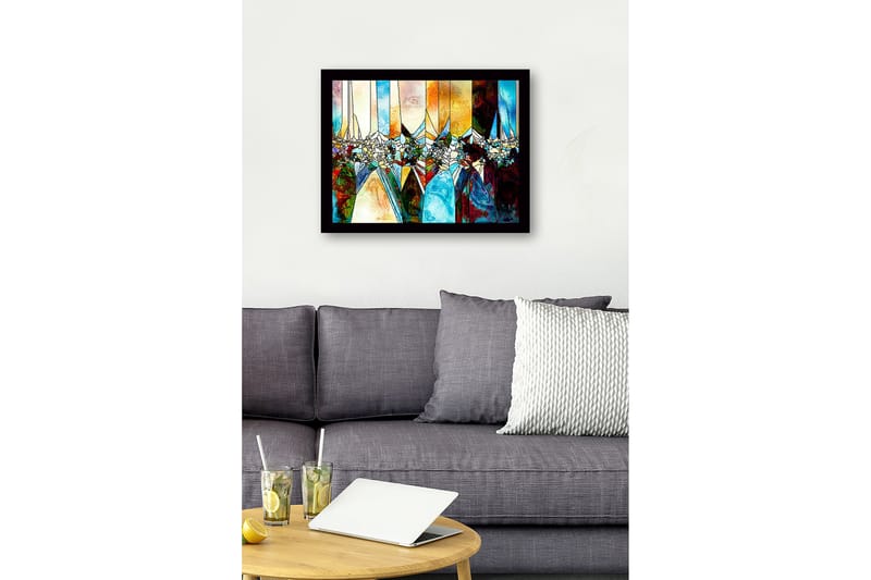 Innrammet lerret i tre - 41x56 cm - Abstrakt komposisjon med geometriske former og fargede seksjoner - Blå / Oransje / Grønn - Innredning - Bilder & kunst