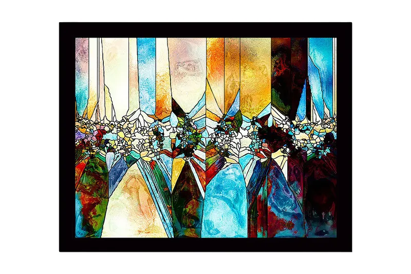 Innrammet lerret i tre - 41x56 cm - Abstrakt komposisjon med geometriske former og fargede seksjoner, Blå / Oransje / Grønn